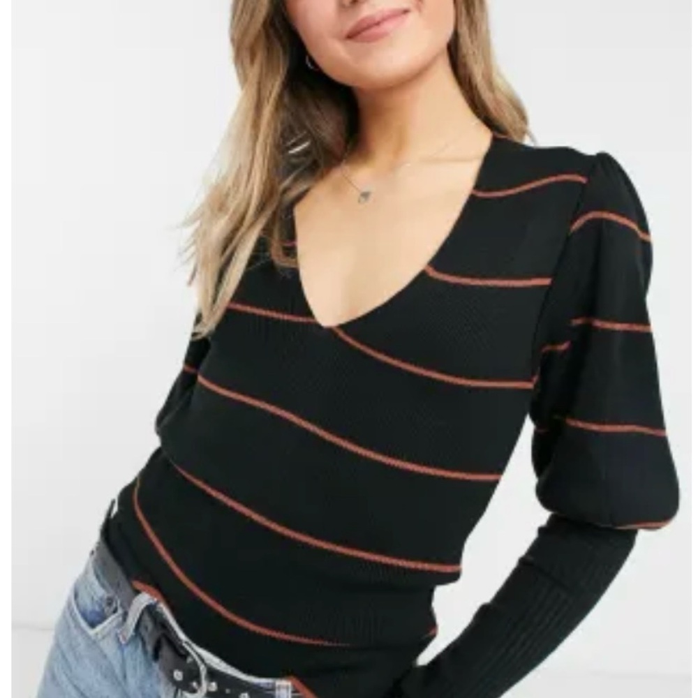 ASOS Design v-neck stripe sweater puff shoulders black brown size 4